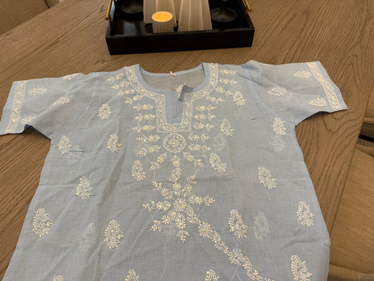 A stylish sea blue Chikankari tunic