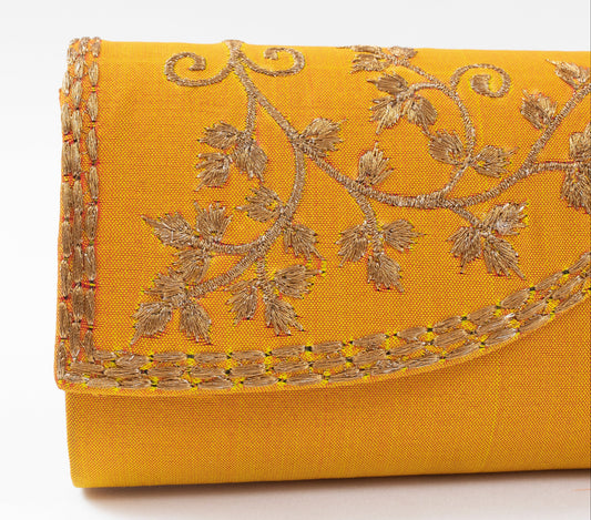 Pre-Loved Mustard Yellow Embroidered Silk Clutch