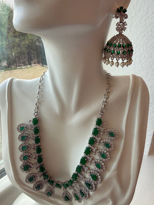 Reena Silver and Green handcrafted necklace with jhumka