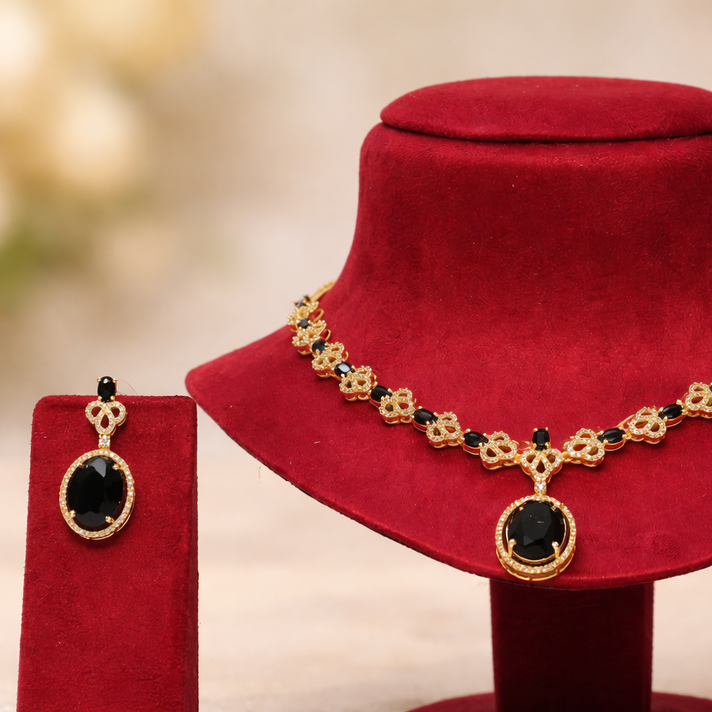 Midnight Blossom Black Stone Necklace Set