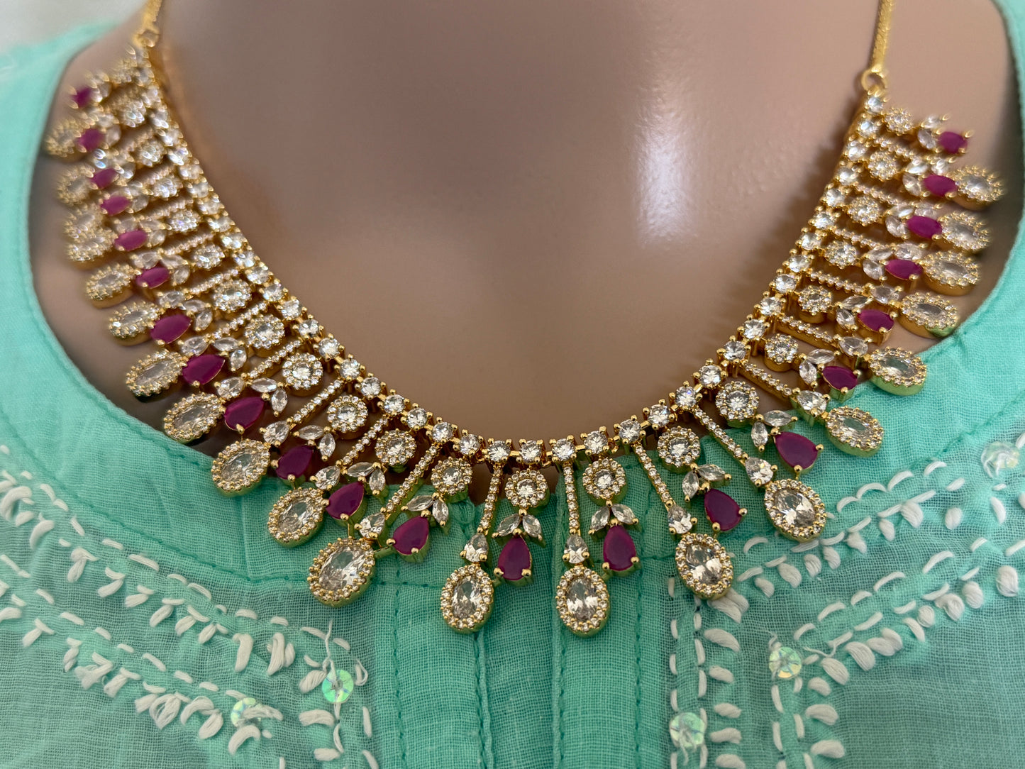 Royal Ruby Drop White Stone Gold-Tone Necklace