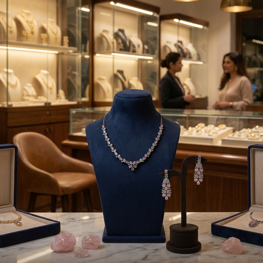 Blush Leaf Chandelier Set | Designer-Inspired Pink Monalisa Stone & CZ Necklace Set