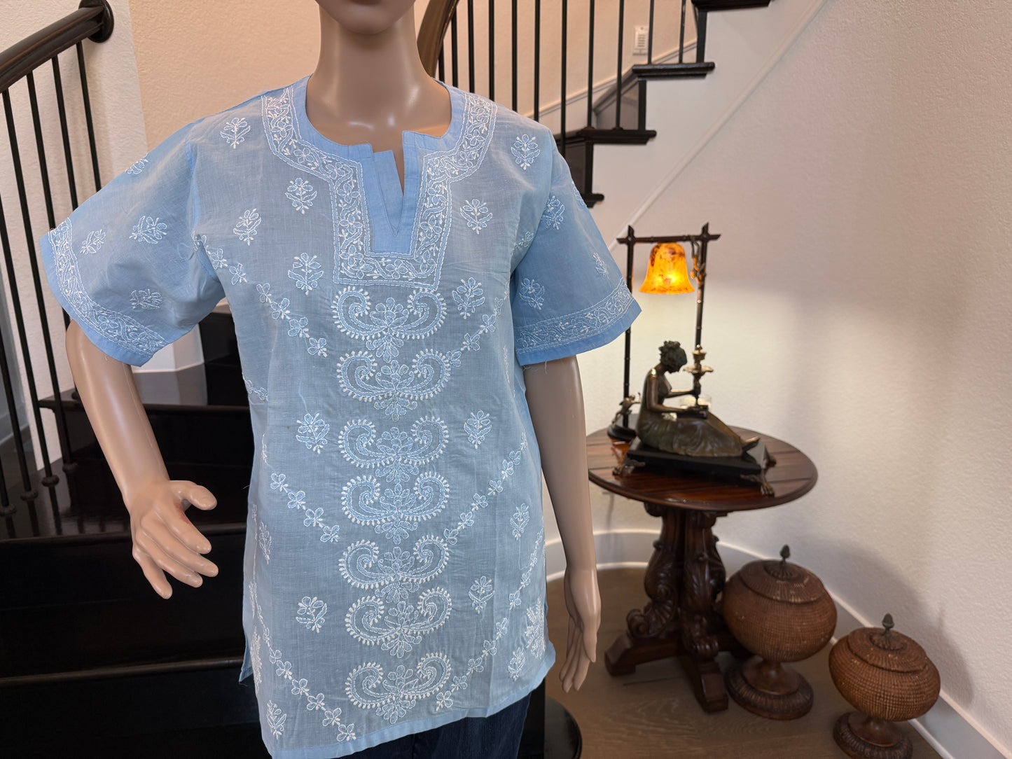 Azaura – Airy Sky Blue Chikankari Short Sleeve Kurta | A Breeze of Tranquil Charm 🌤️
