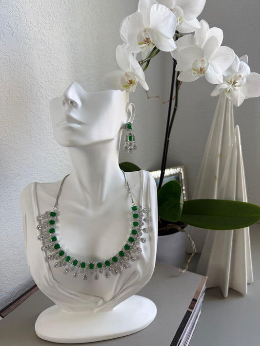 Ishani Emerald Green Statement Necklace & Earrings Set