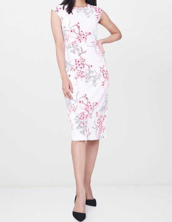 White with pink flowers midi dress