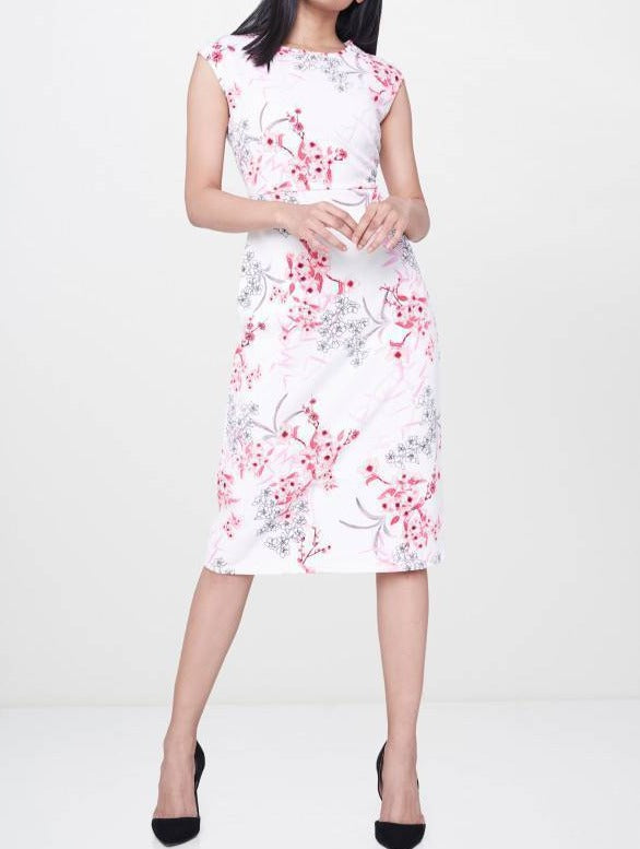 White with pink flowers midi dress