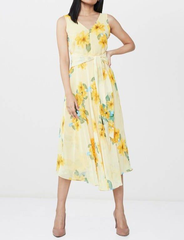 Yellow Floral Tieup Dress