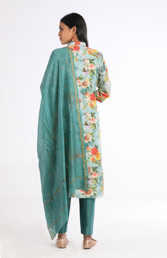 Saira Green Floral Silk Kurta