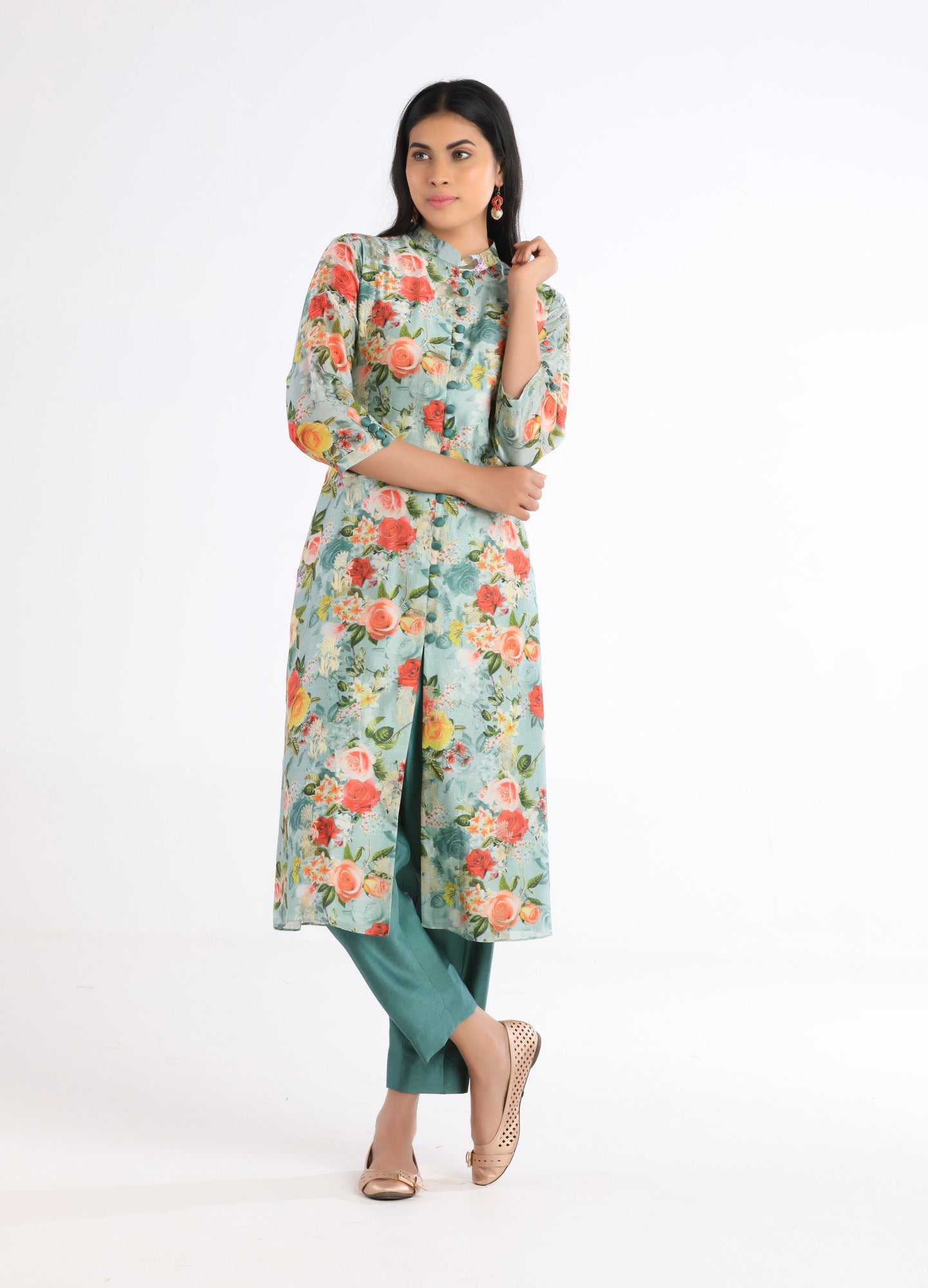 Saira Green Floral Silk Kurta