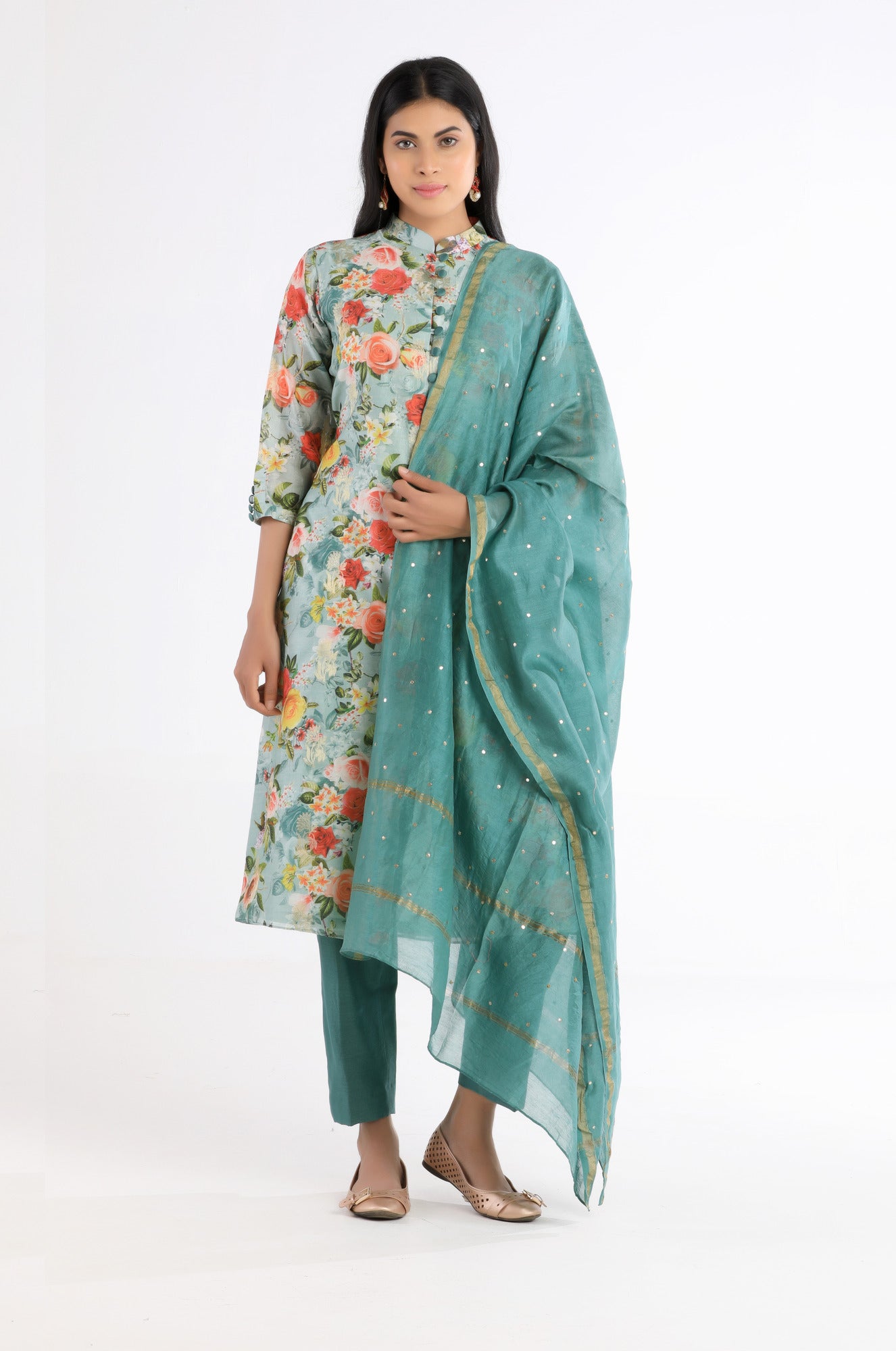 Saira Green Floral Silk Kurta