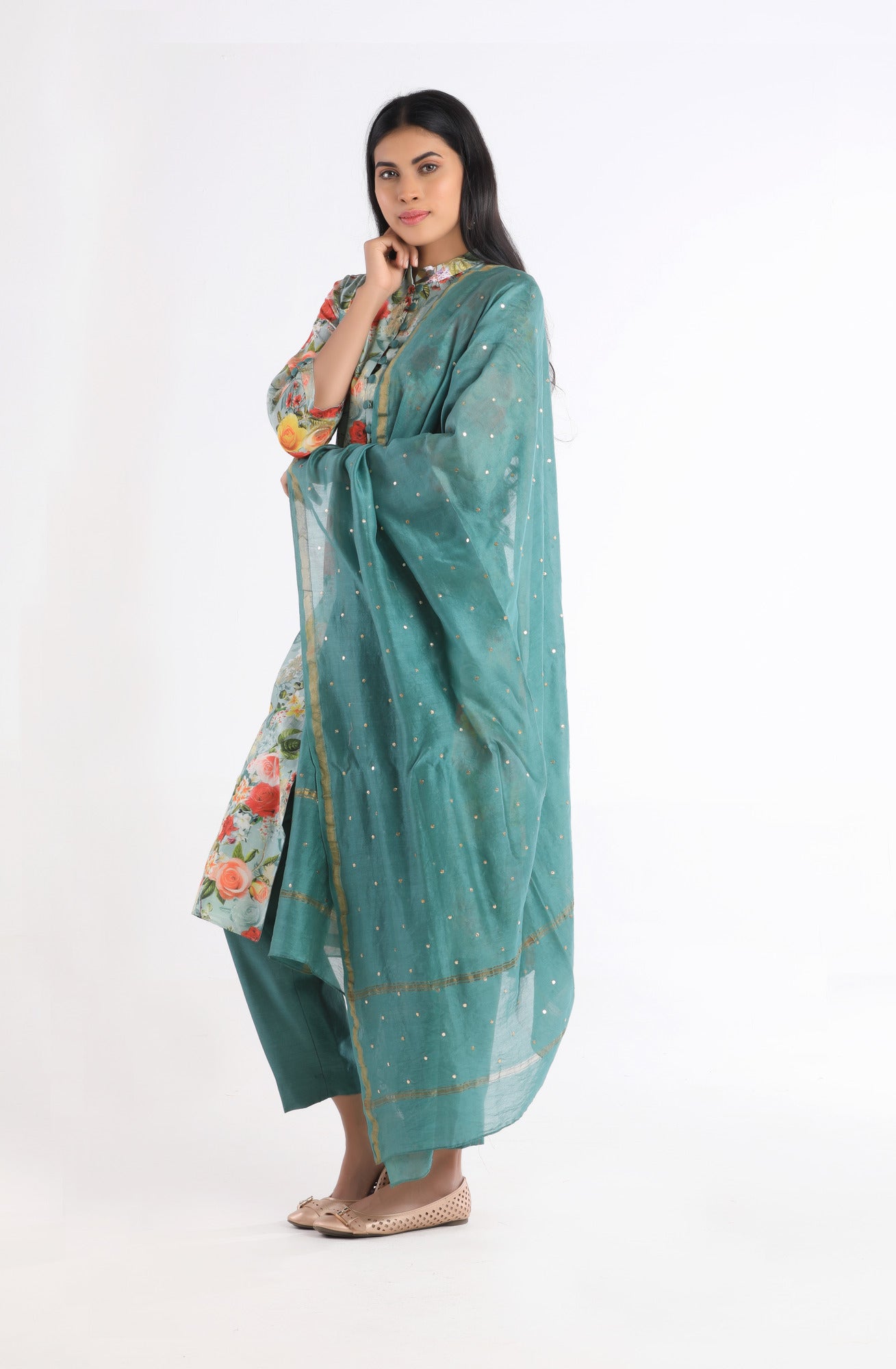 Saira Green Floral Silk Kurta