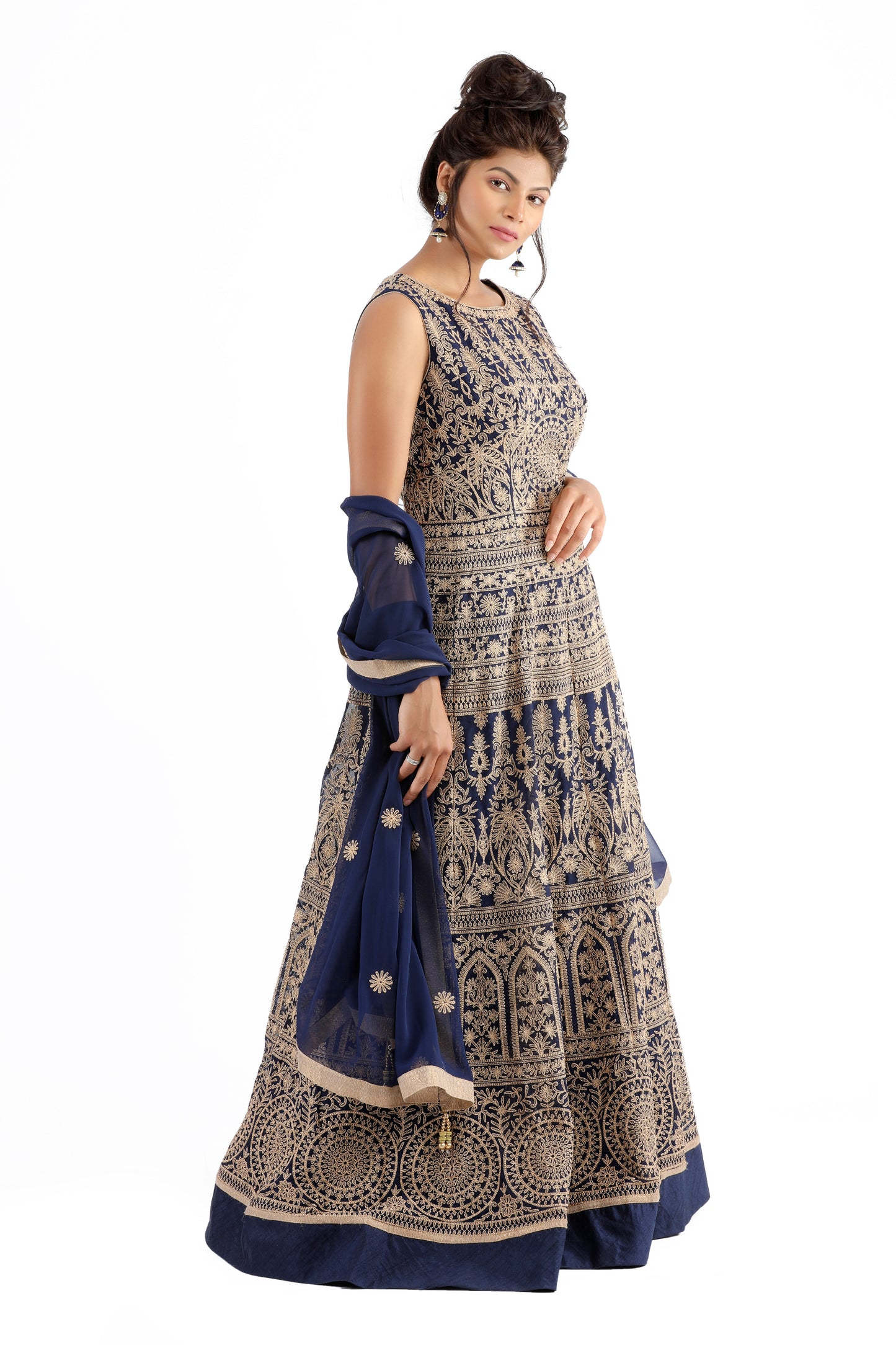 Adithi Navy and Gold Embroidered Dress