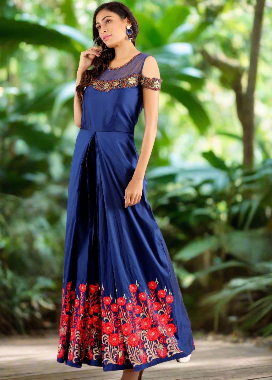 Navy Blue Raw Silk Dress