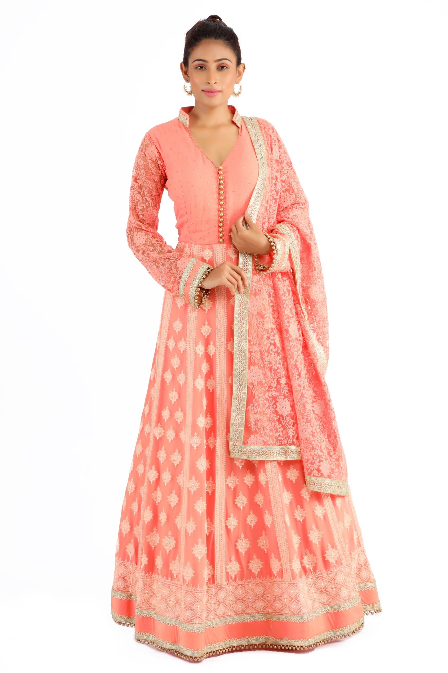 Prisha Peach Dress with Gold and White Pearls
