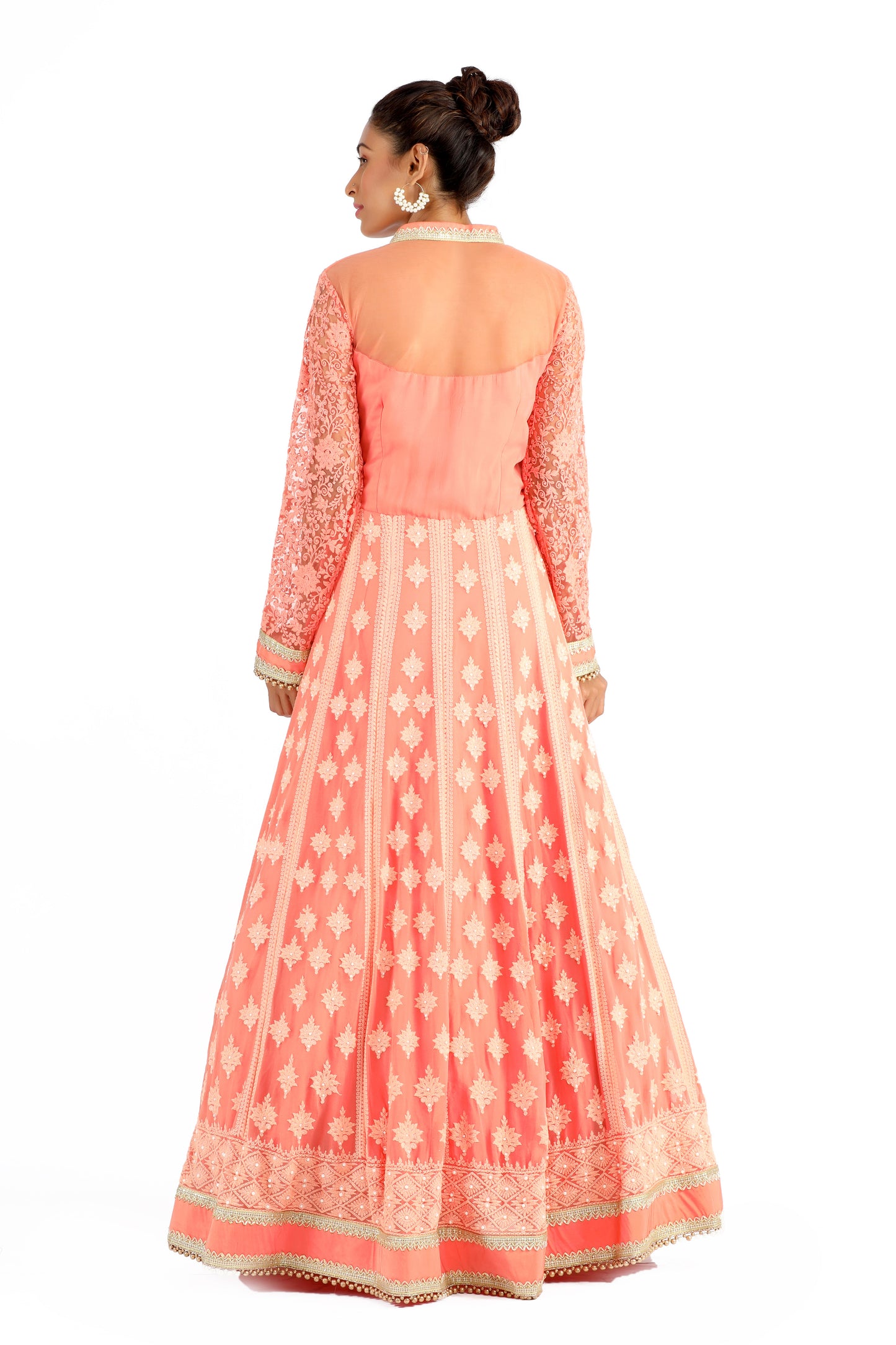 Prisha Peach Dress with Gold and White Pearls