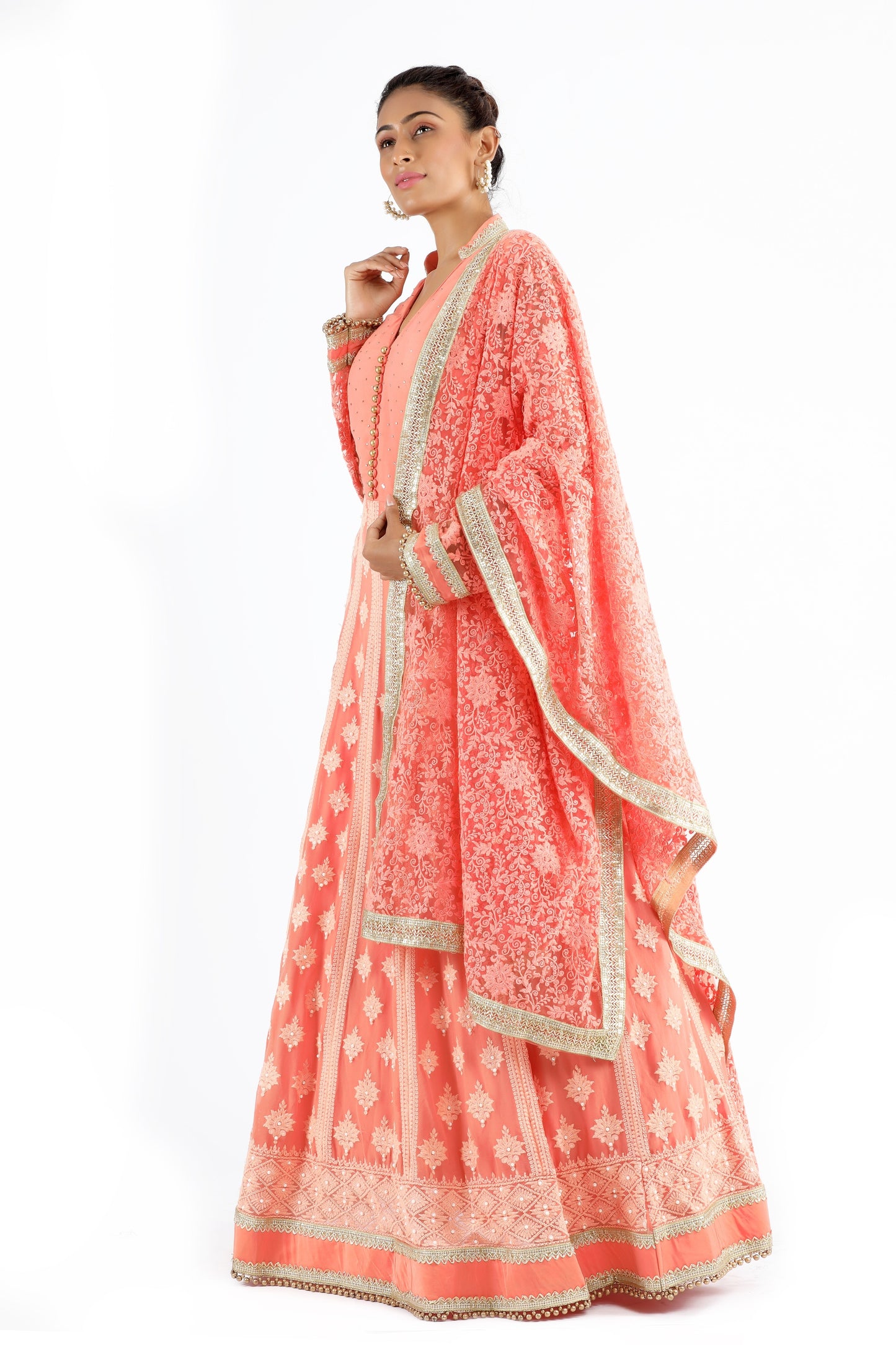 Prisha Peach Dress with Gold and White Pearls