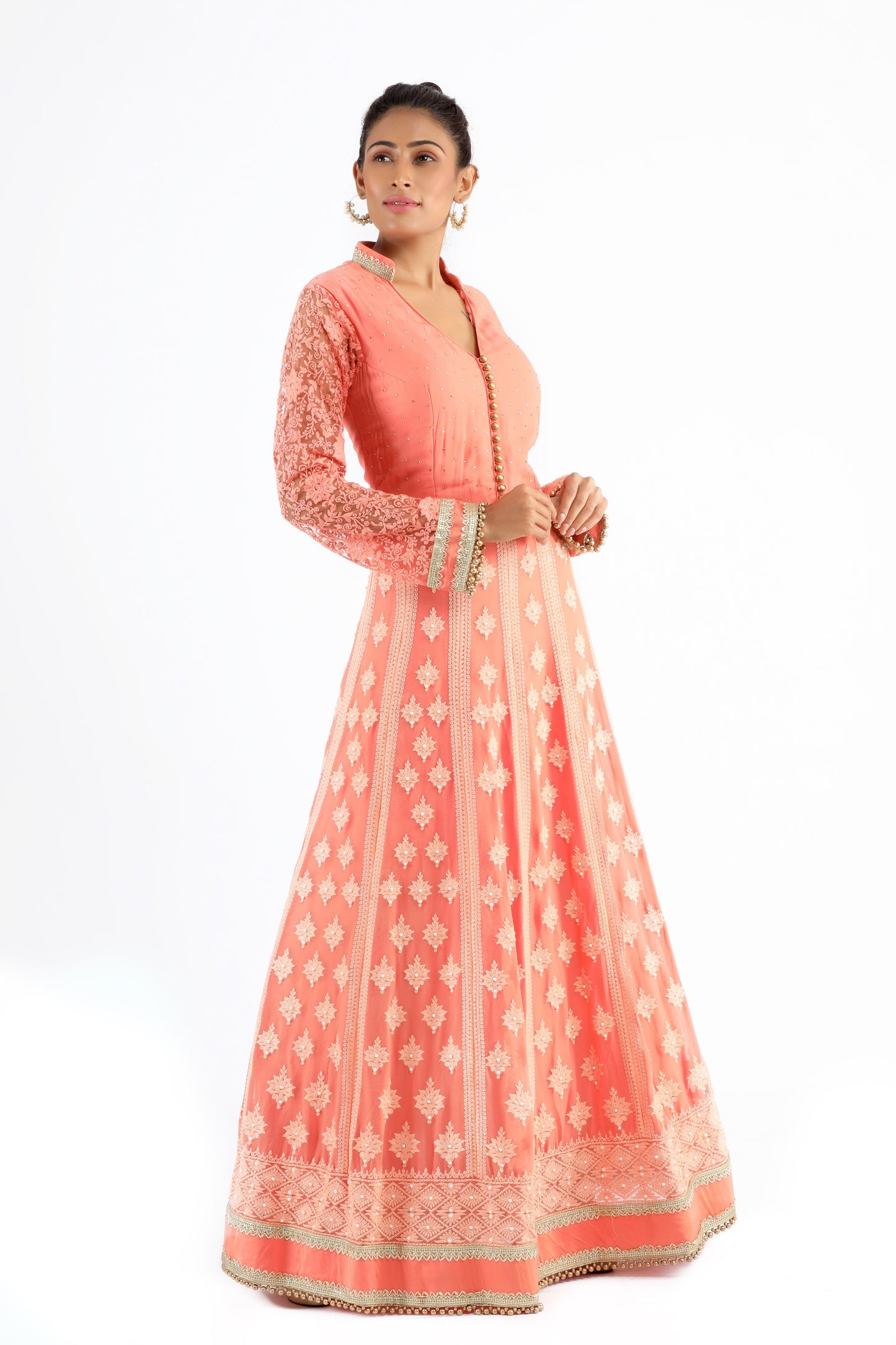 Prisha Peach Dress with Gold and White Pearls