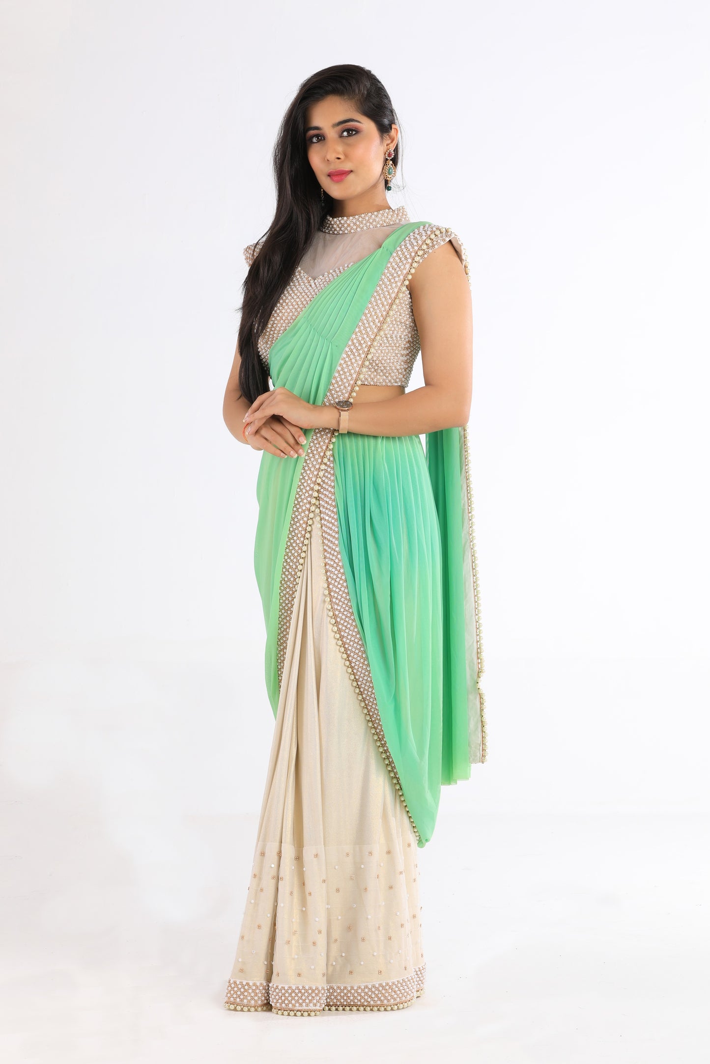 Zelina White and Green Saree
