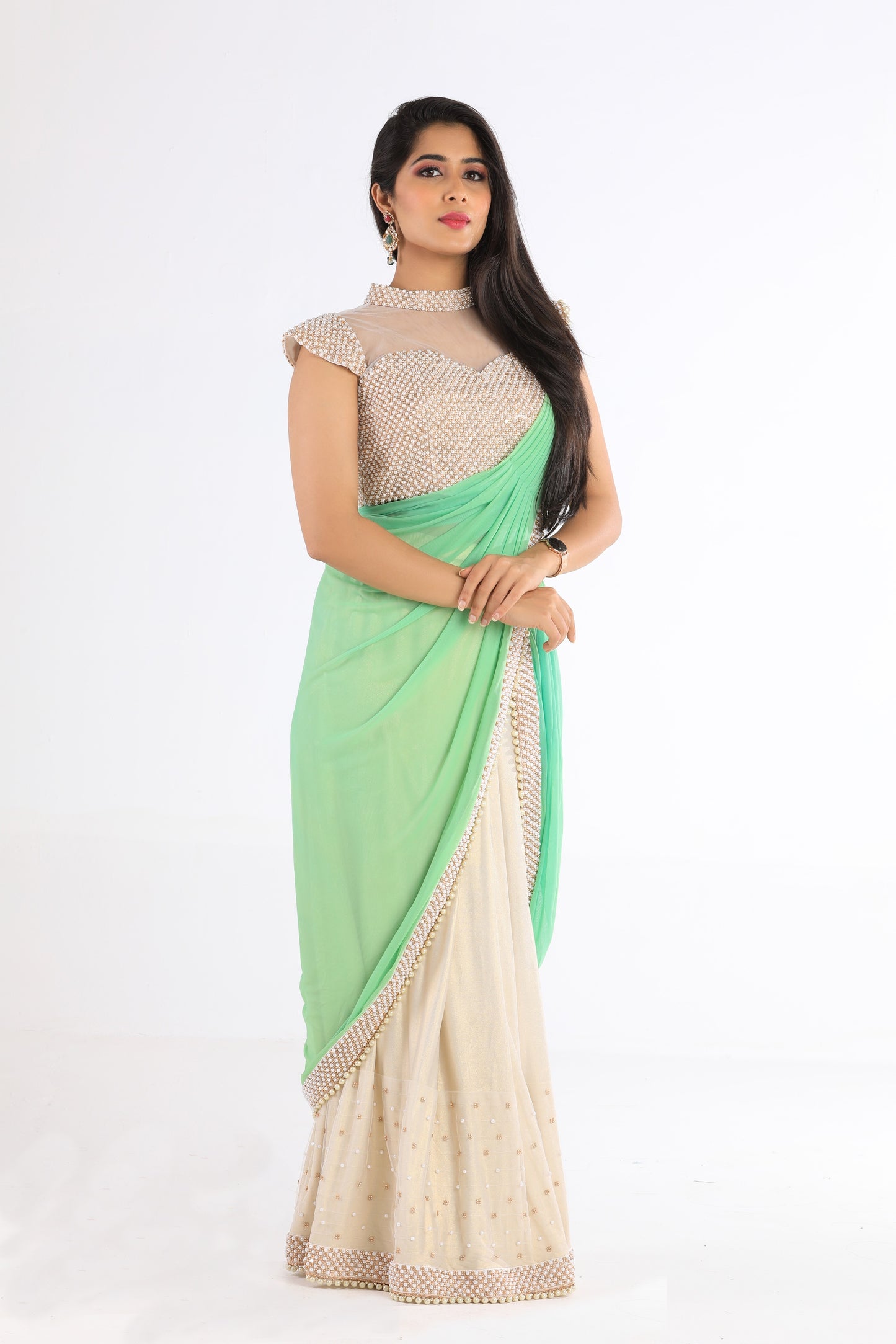 Zelina White and Green Saree
