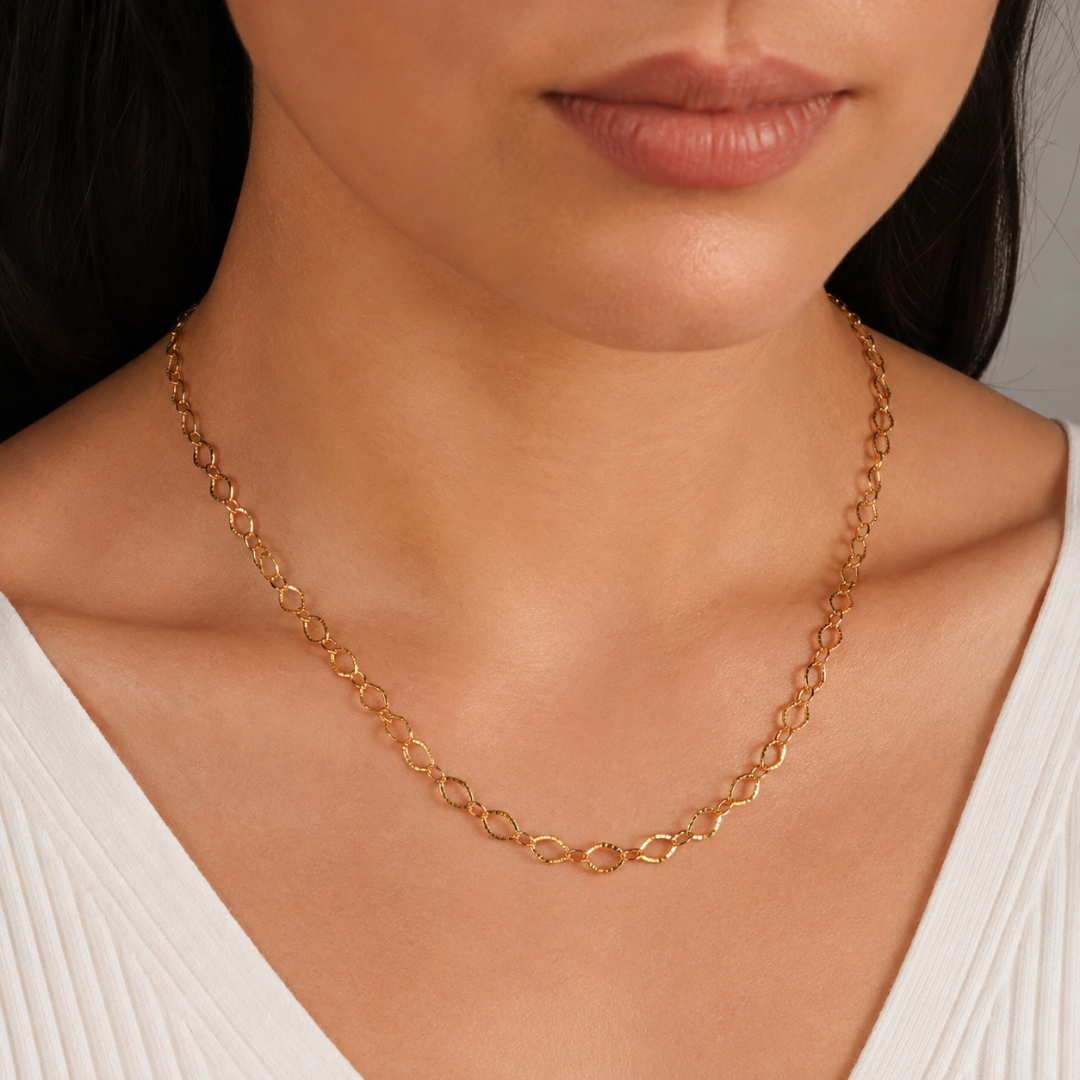 Elegant Diamond-Cut Textured Gold Oval Link Chain