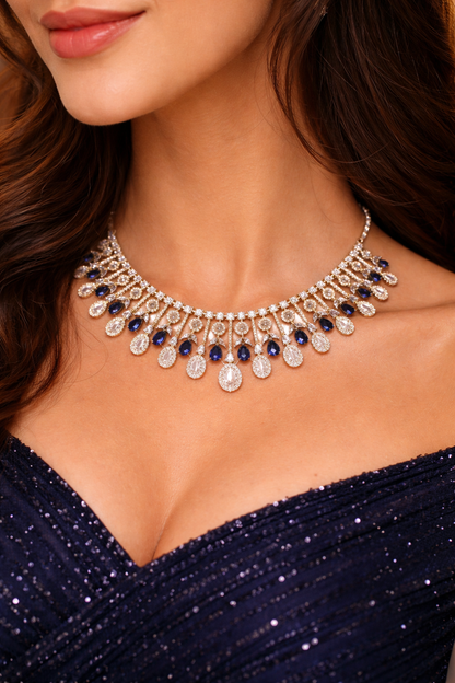 Midnight Sapphire Halo Drop Necklace Set