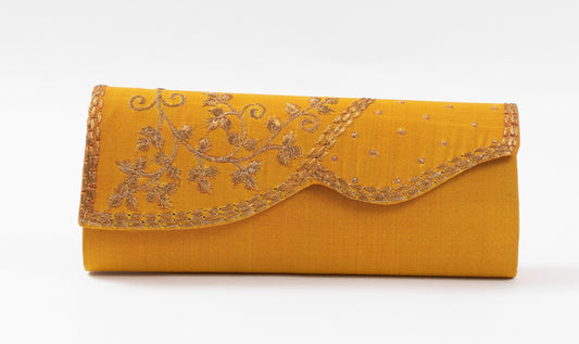 Pre-Loved Mustard Yellow Embroidered Silk Clutch