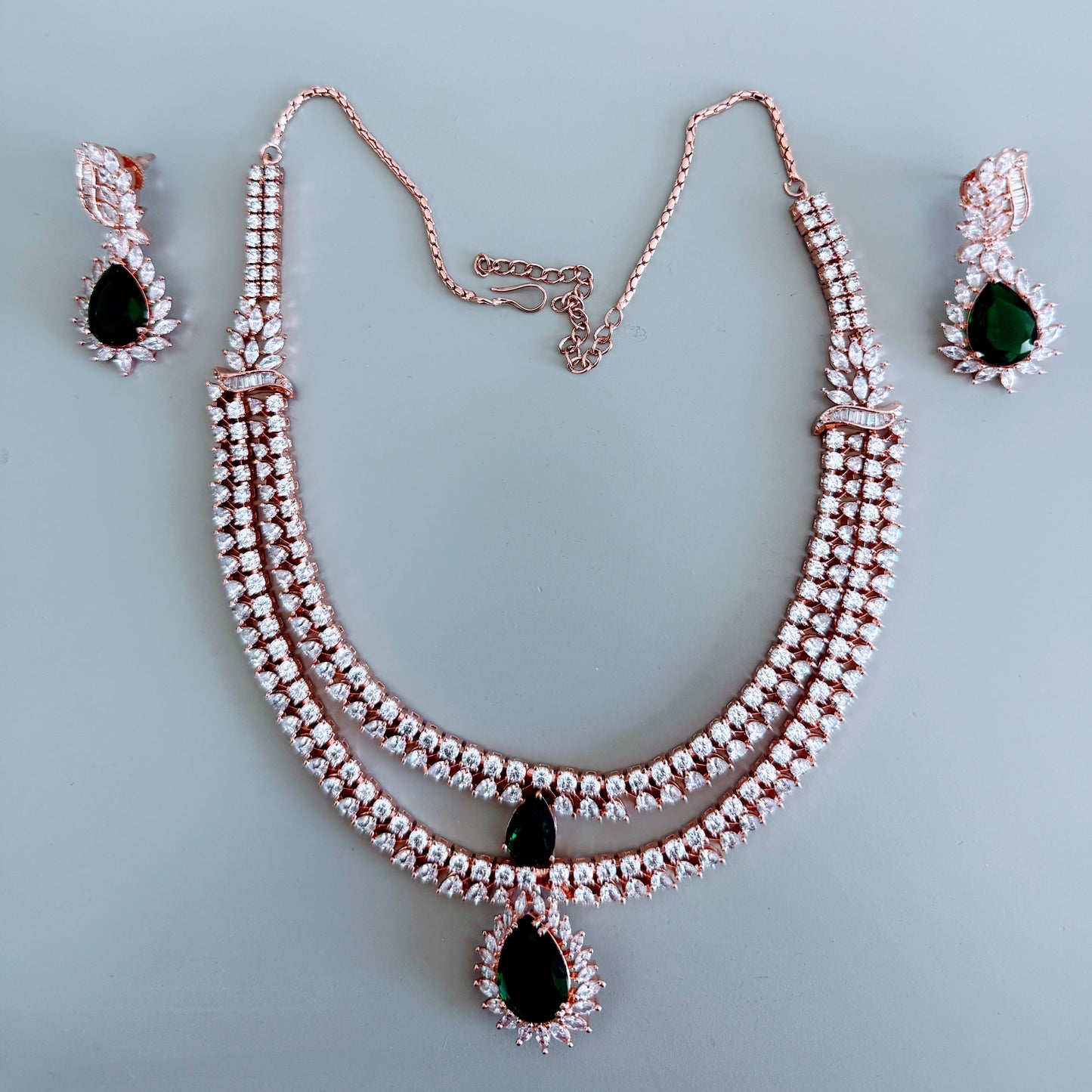 Emerald Elegance Two-Layer Necklace & Earring Set
