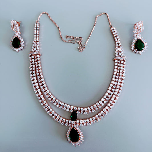 Emerald Elegance Two-Layer Necklace & Earring Set