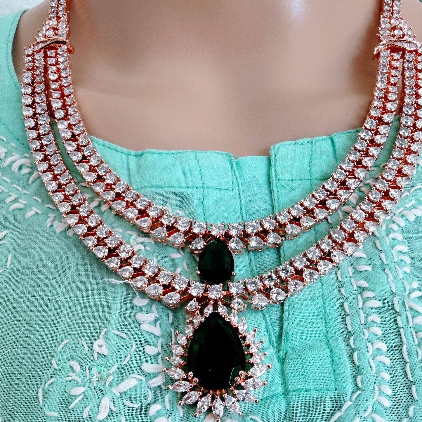 Emerald Elegance Two-Layer Necklace & Earring Set