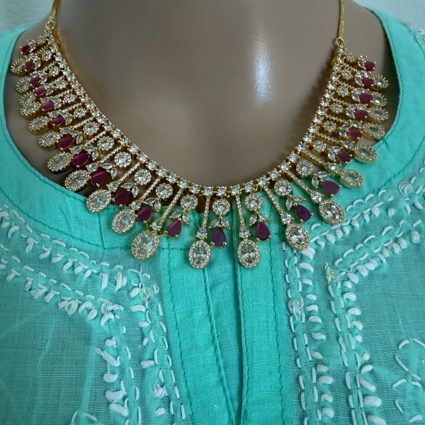 Royal Ruby Drop White Stone Gold-Tone Necklace