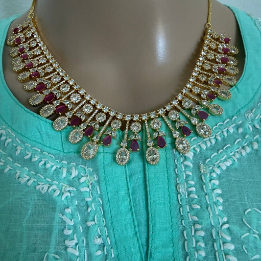 Royal Ruby Drop White Stone Gold-Tone Necklace