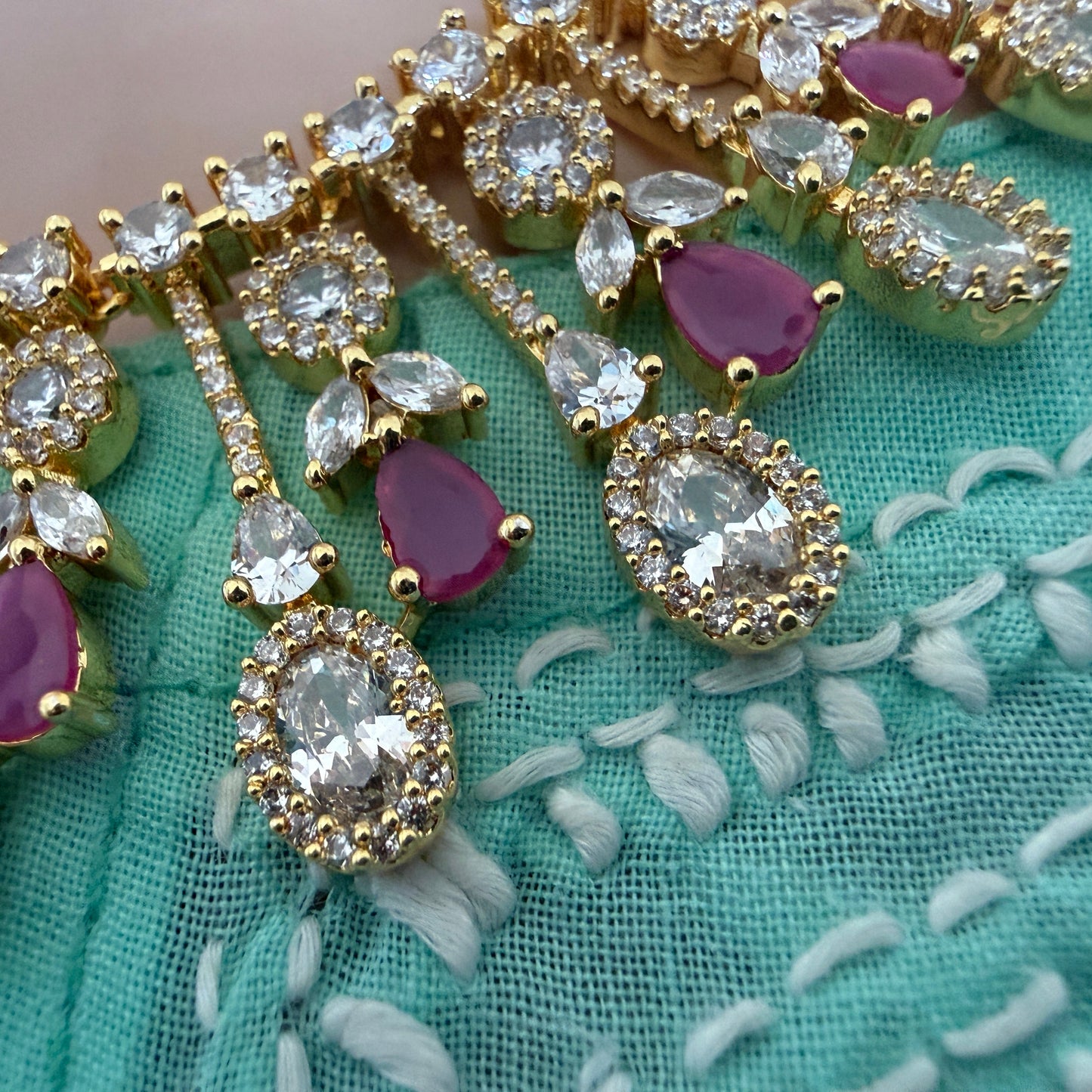 Royal Ruby Drop White Stone Gold-Tone Necklace