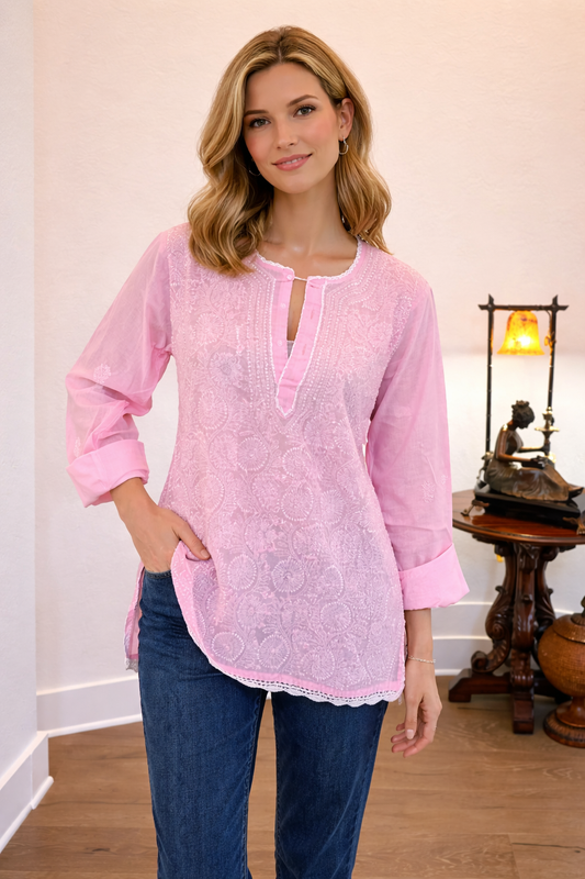 Rosabelle Light Rose Chikankari Short Sleeve Kurta