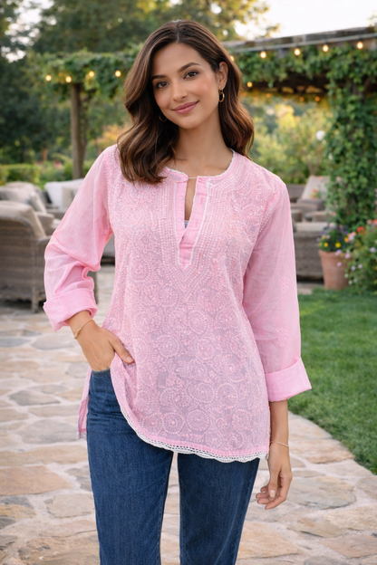 Rosabelle Light Rose Chikankari Short Sleeve Kurta