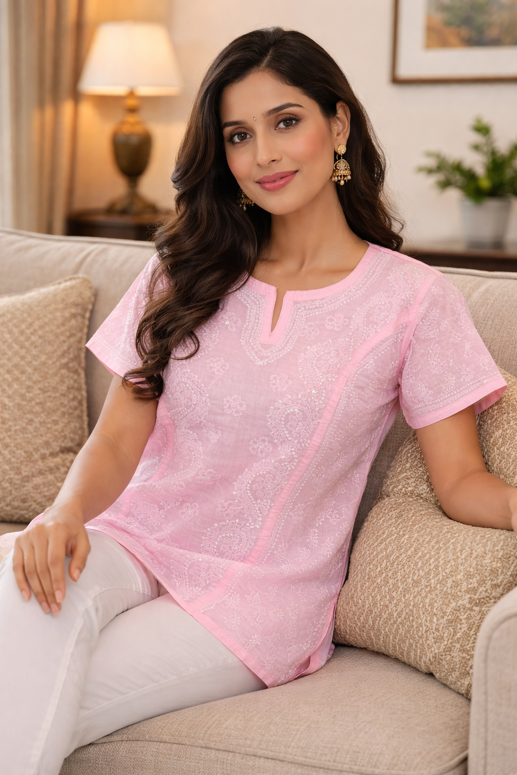 Roshanara Rose Pink Chikankari Short Sleeve Kurta