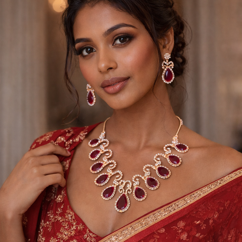 Neelima Red and White stones Gold Tone Necklace