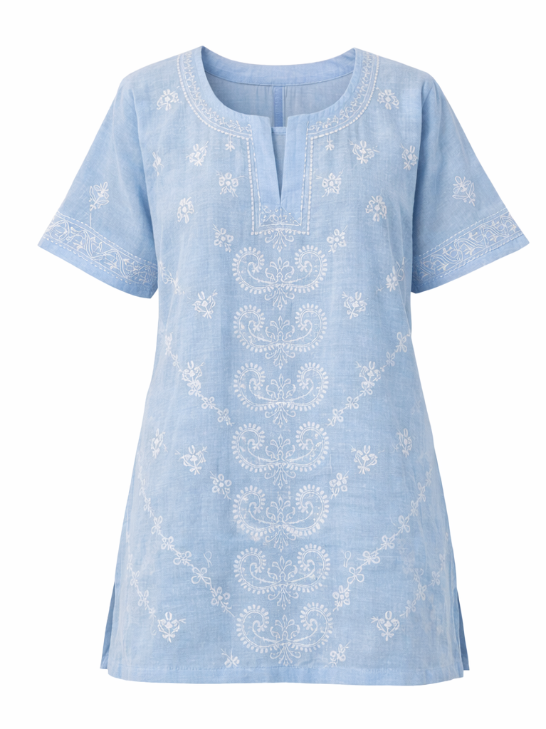 Azaura Airy Sky Blue Chikankari Short Sleeve Kurta