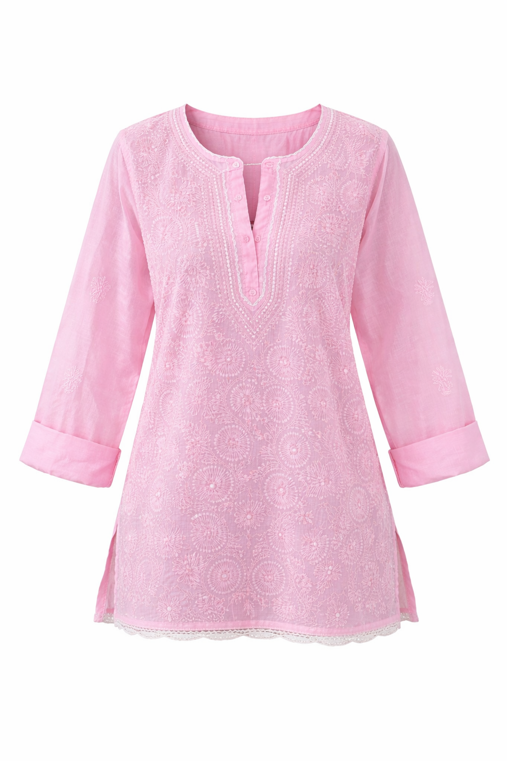 Rosabelle Light Rose Chikankari Short Sleeve Kurta