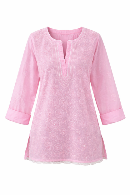 Rosabelle Light Rose Chikankari Short Sleeve Kurta