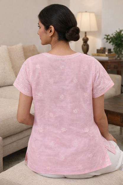 Roshanara Rose Pink Chikankari Short Sleeve Kurta
