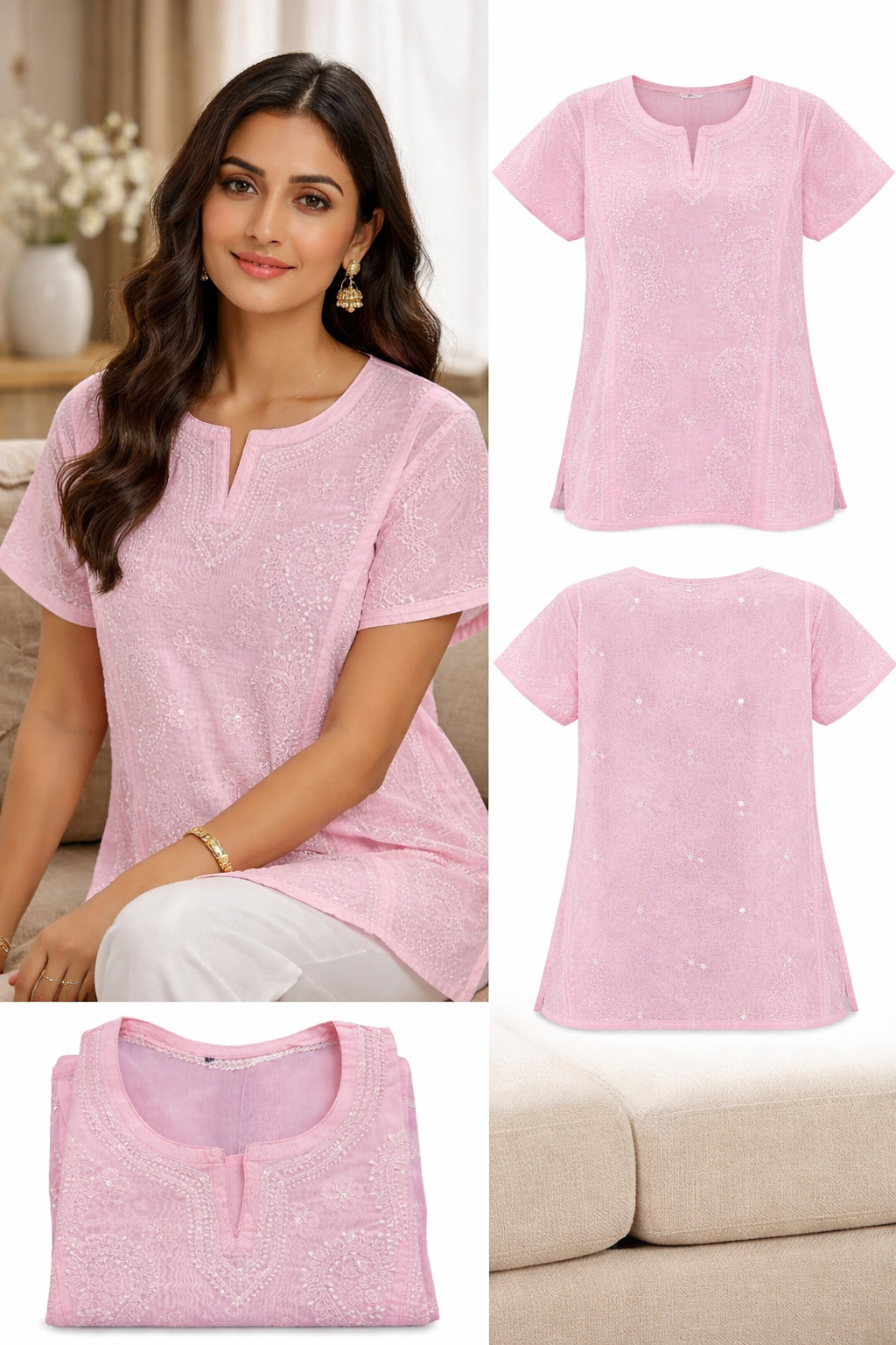 Roshanara Rose Pink Chikankari Short Sleeve Kurta