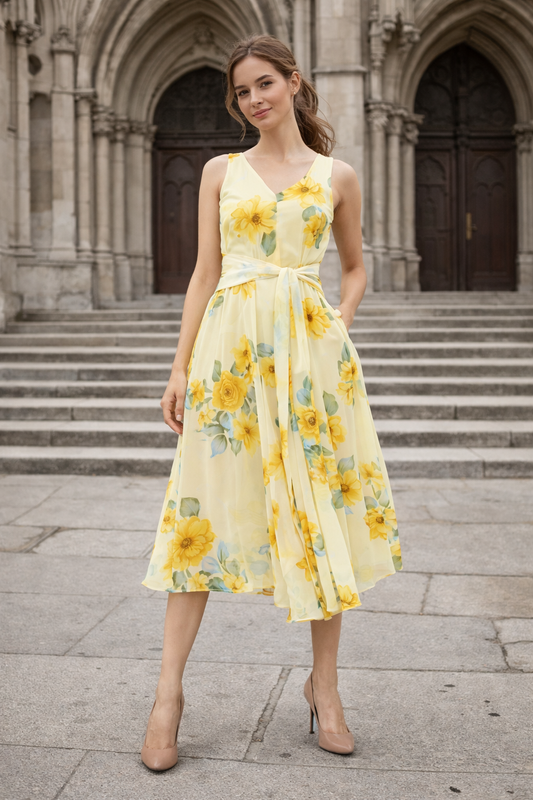 Yellow Floral Tieup Dress