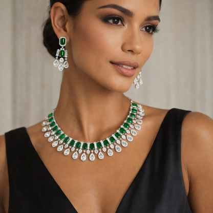 Ishani Emerald Green Statement Necklace & Earrings Set