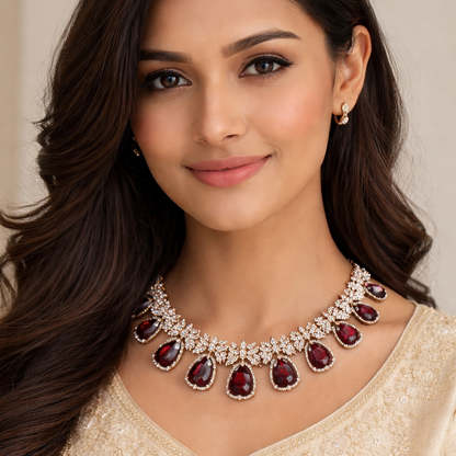 Ruby Red Teardrop Stone Necklace & Earrings Set