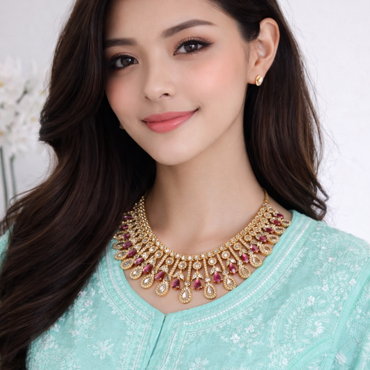 Royal Ruby Drop White Stone Gold-Tone Necklace