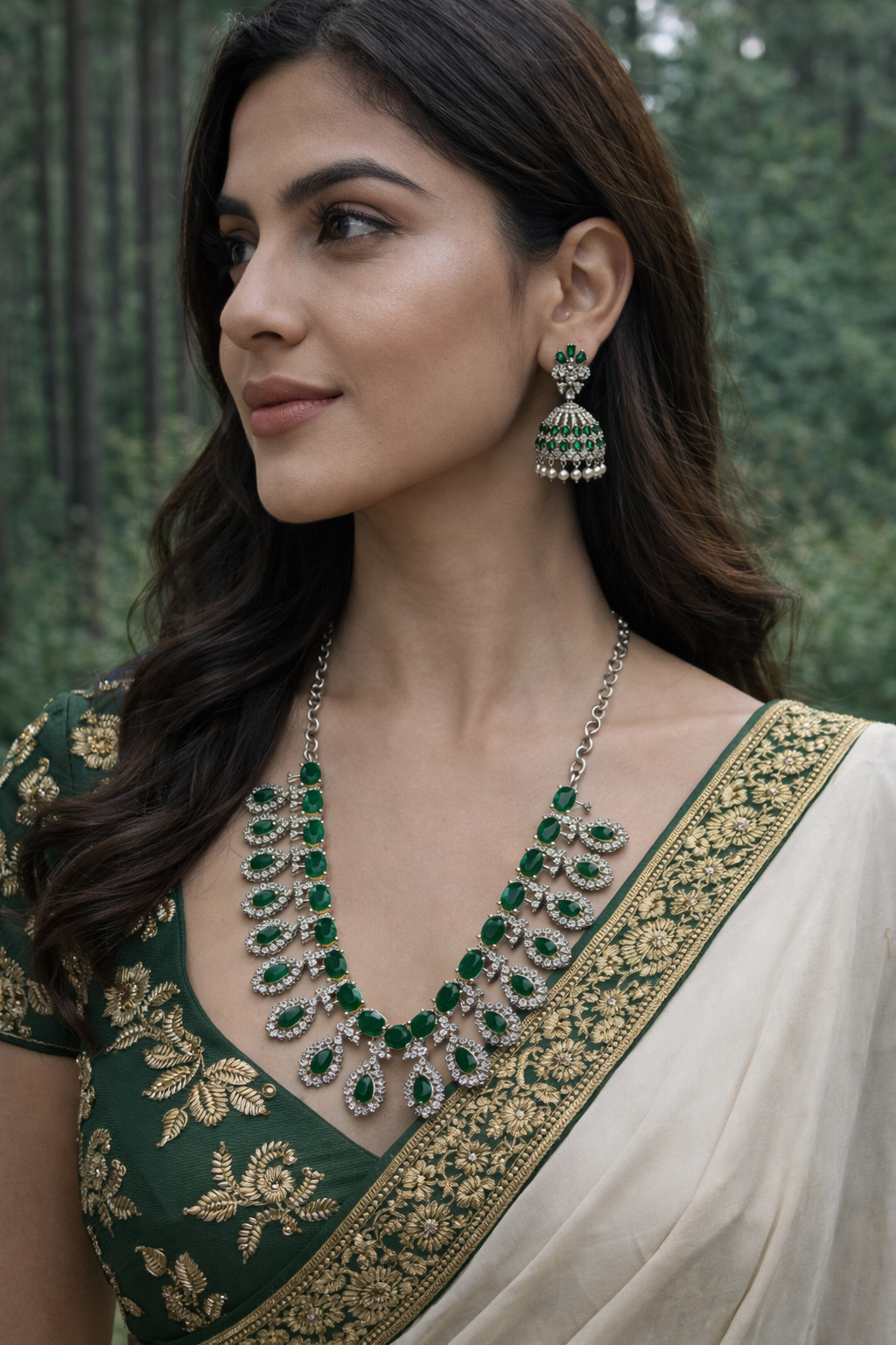 Reena Silver and Green handcrafted necklace with jhumka