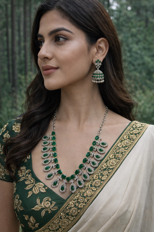 Reena Silver and Green handcrafted necklace with jhumka