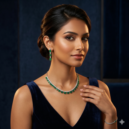 Regal Emerald-Green American Diamond Necklace Set