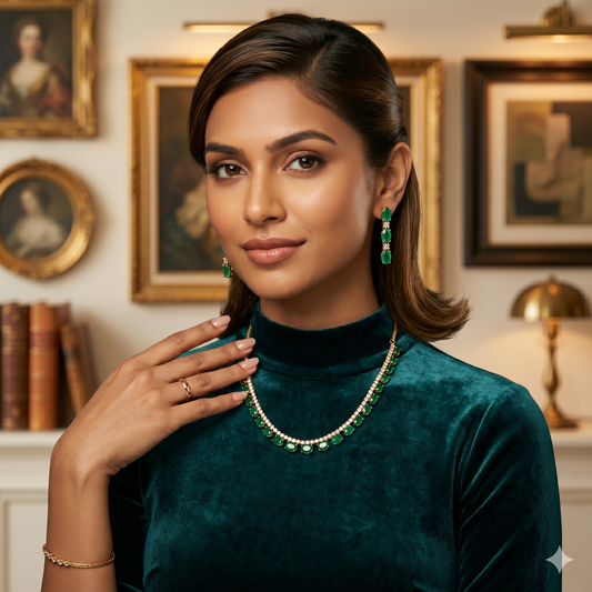 Radiant Emerald-Green Delicate Necklace and Earring Set