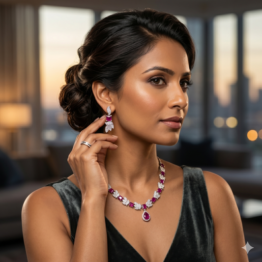 Divine Plumage Ruby & American Diamond Necklace Set